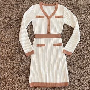 Elegant White and Tan Ribbed Dress